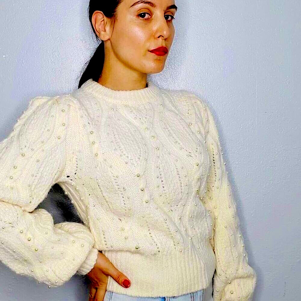 CHARMED HEARTS Pearl Embellished Cable Knit Sweater Balloon Sleeve Ivory S NWOT